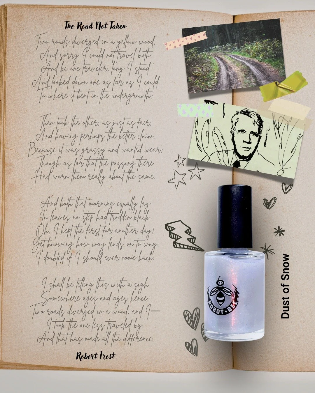 Ever have a poem stick with you for years? The Road Not Taken by Robert Frost has been a favorite of mine since middle school, and it inspired this polish: Dust of Snow. 🩵  A pale icy blue pearlescent base with holographic sparkles that shimmer like