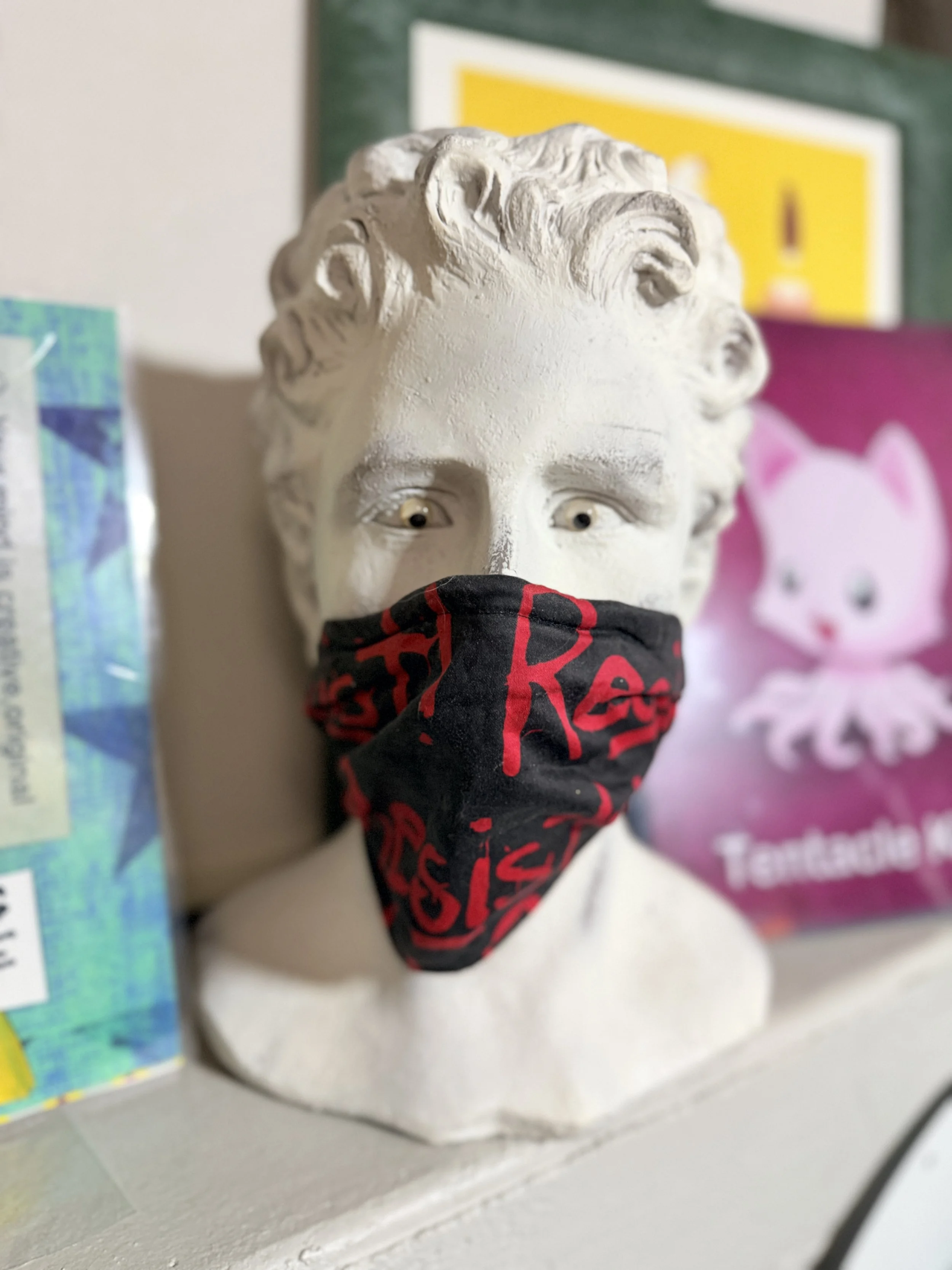 Head planter with googly eyes and a "resist" face mask