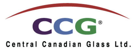 Logo of Central Canadian Glass Ltd. featuring the letters CCG in purple, blue, and green, with a red curved line above and company name below.
