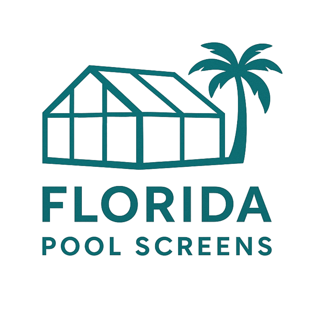 Logo for Florida Pool Screens featuring a stylized pool enclosure and a palm tree, with the text 'Florida Pool Screens' beneath.