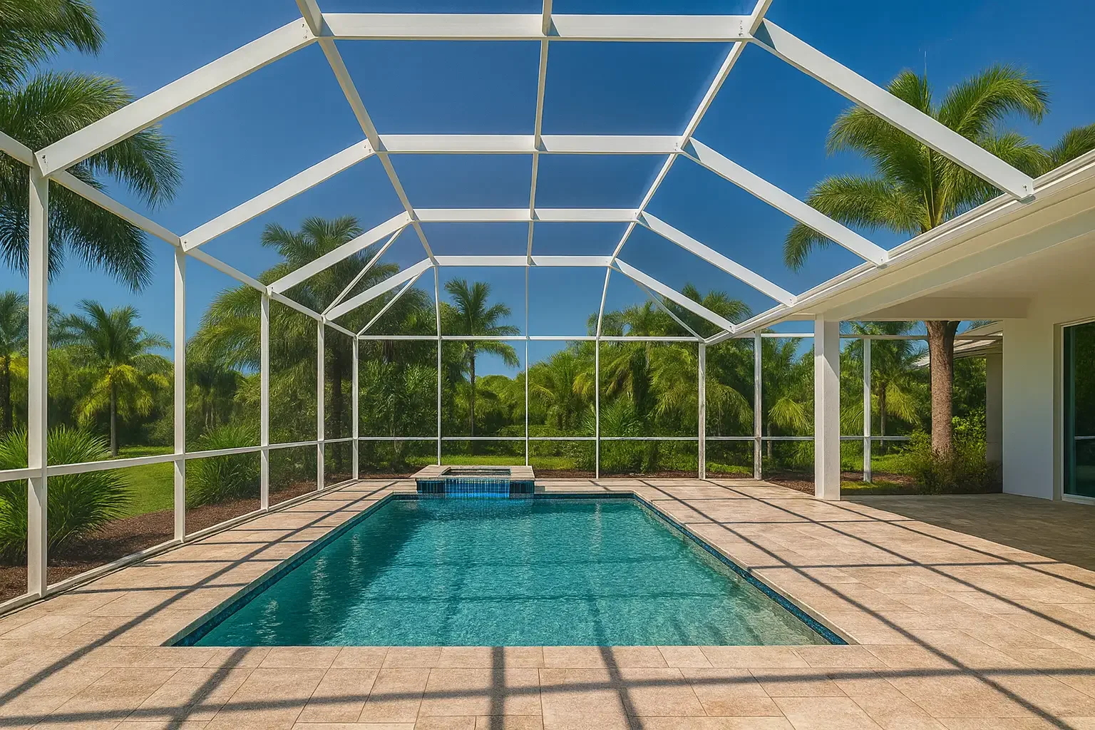 Swimming pool enclosed in a white screened structure with palm trees in the background and clear blue sky.