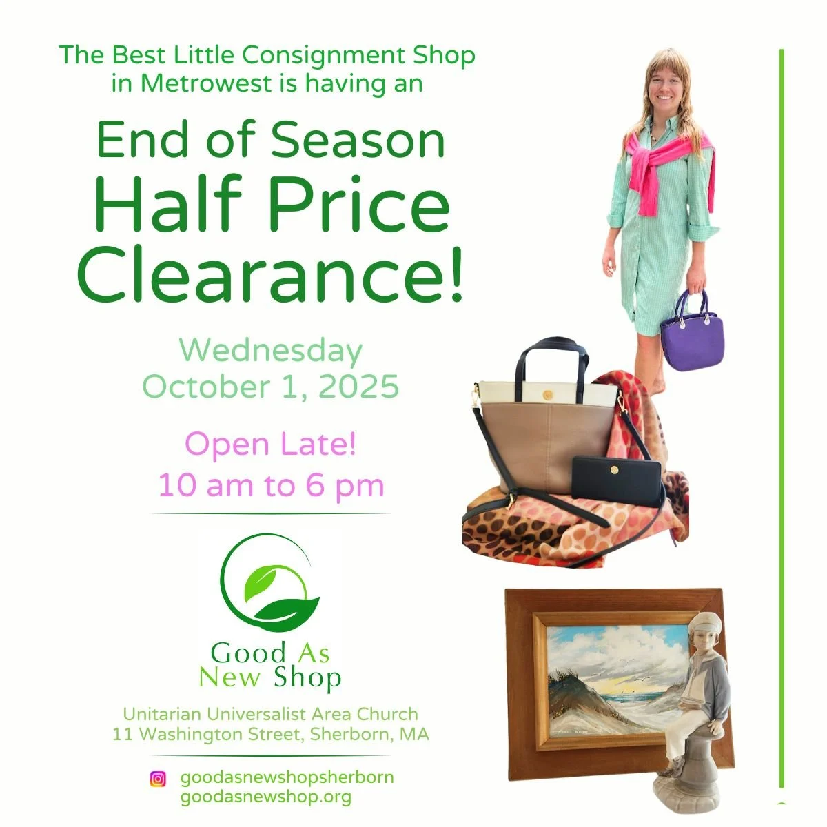 End of Season Half Price Clearance this Wednesday, October 1st! Open late this week from 10 to 6! Stop in for the best deals before late summer merchandise is gone. Be sure to check in the following Wednesday when we start fresh with new inventory fo