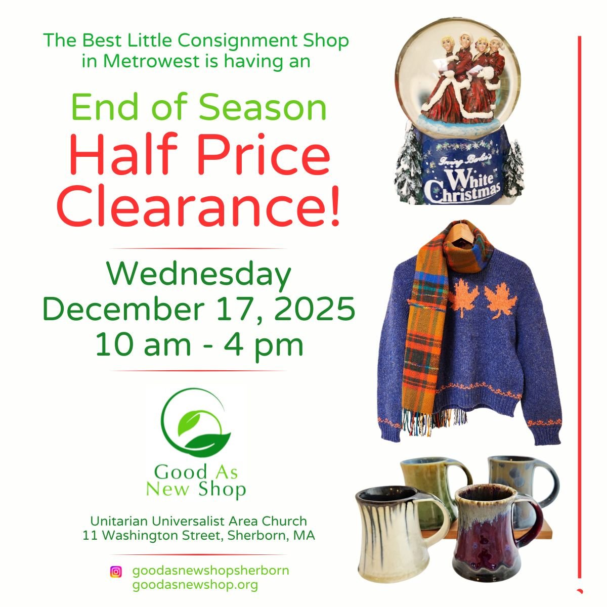 The End of Season Half Price Clearance is next Wednesday - don't miss this one! There is a lot of great merchandise waiting to find its new home and the Holiday Room is full of fantastic treasures to make your celebration festive and special. Wednesd