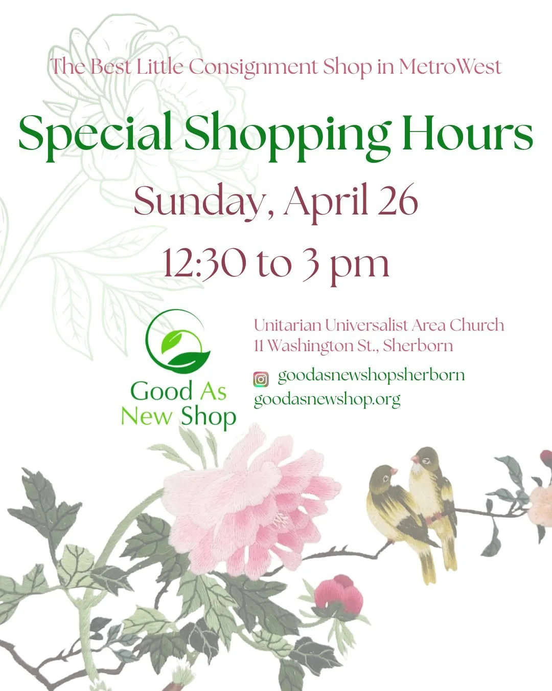 A special opportunity to shop at Good As New Shop on the weekend!  We'll be open on Sunday, April 26th from 12:30 to 3 pm.  Check our the great merchandise and find a treasure or two!  #shopsecondhand #goodasnewshopsherborn #sherb