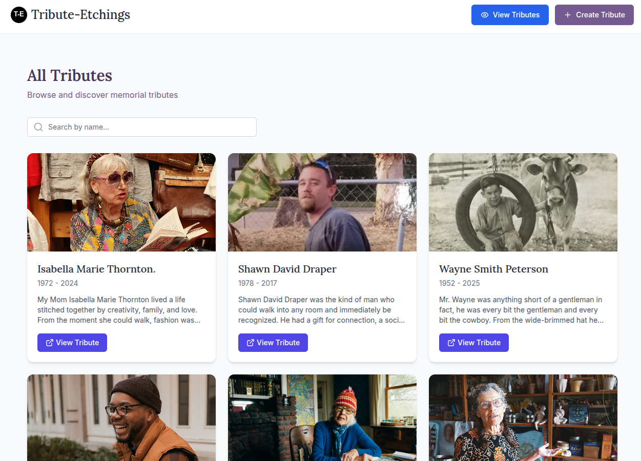Screenshot of the Tribute-Etchings website showing memorial tributes for individuals, including photos and descriptions.