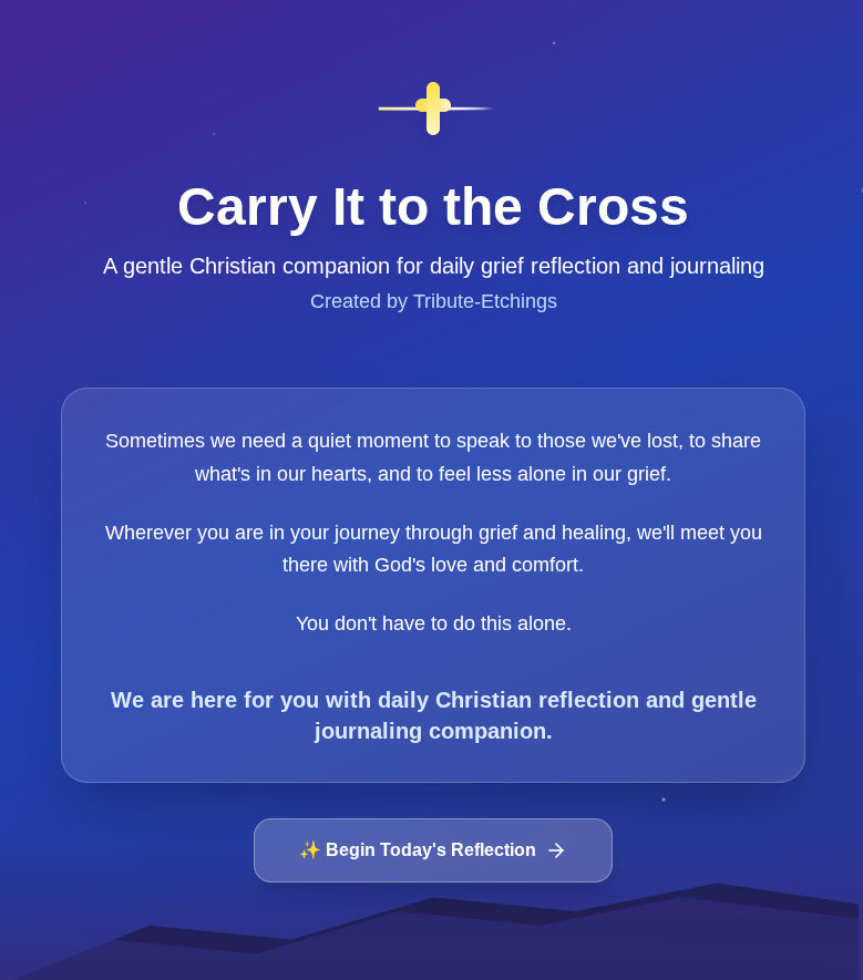 Digital graphic promoting Christian reflection and journaling, titled 'Carry It to the Cross,' with a blue gradient background, a yellow cross icon, and a button labeled 'Begin Today's Reflection.'