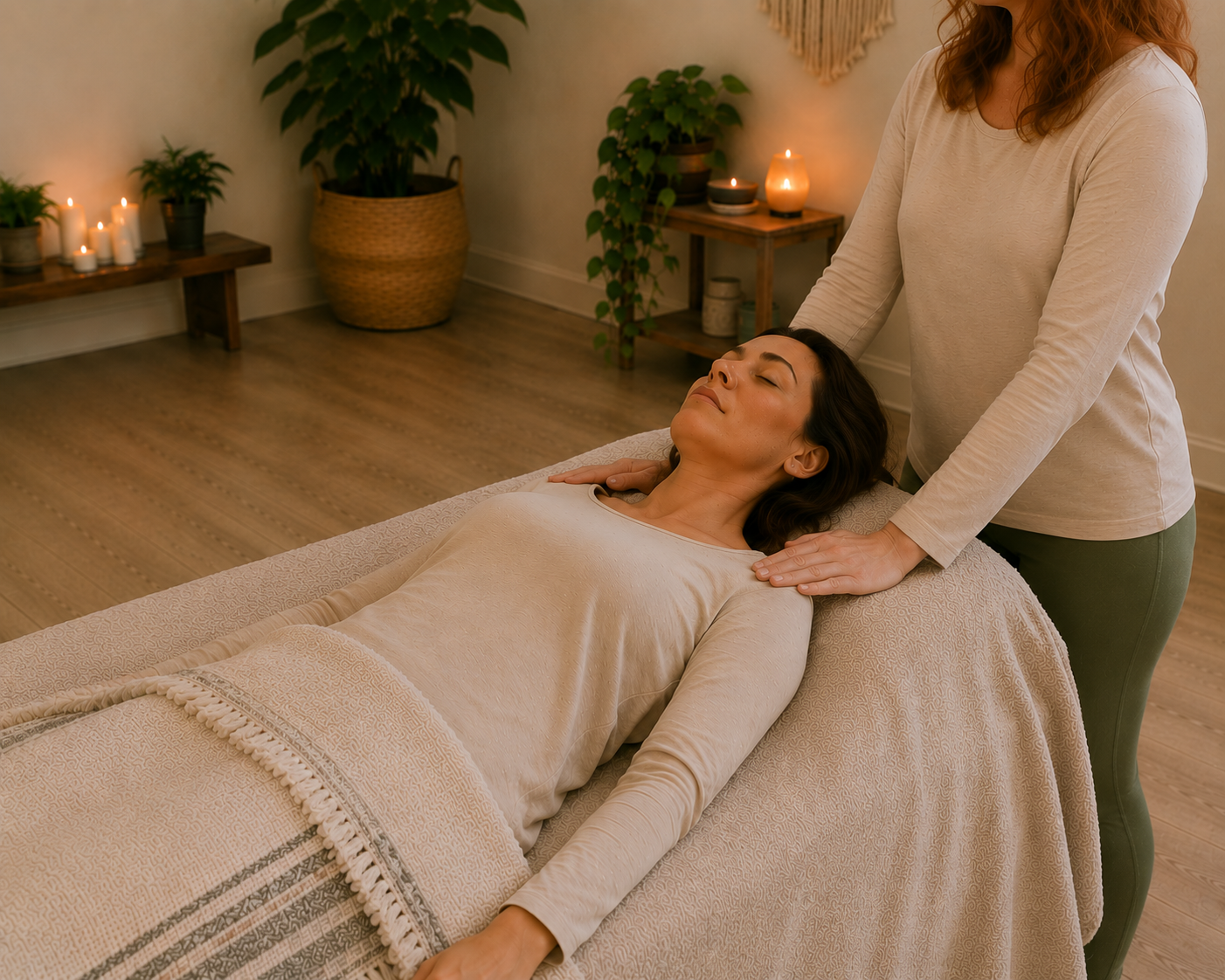 Woman receiving Reiki from female practitioner in quiet setting.