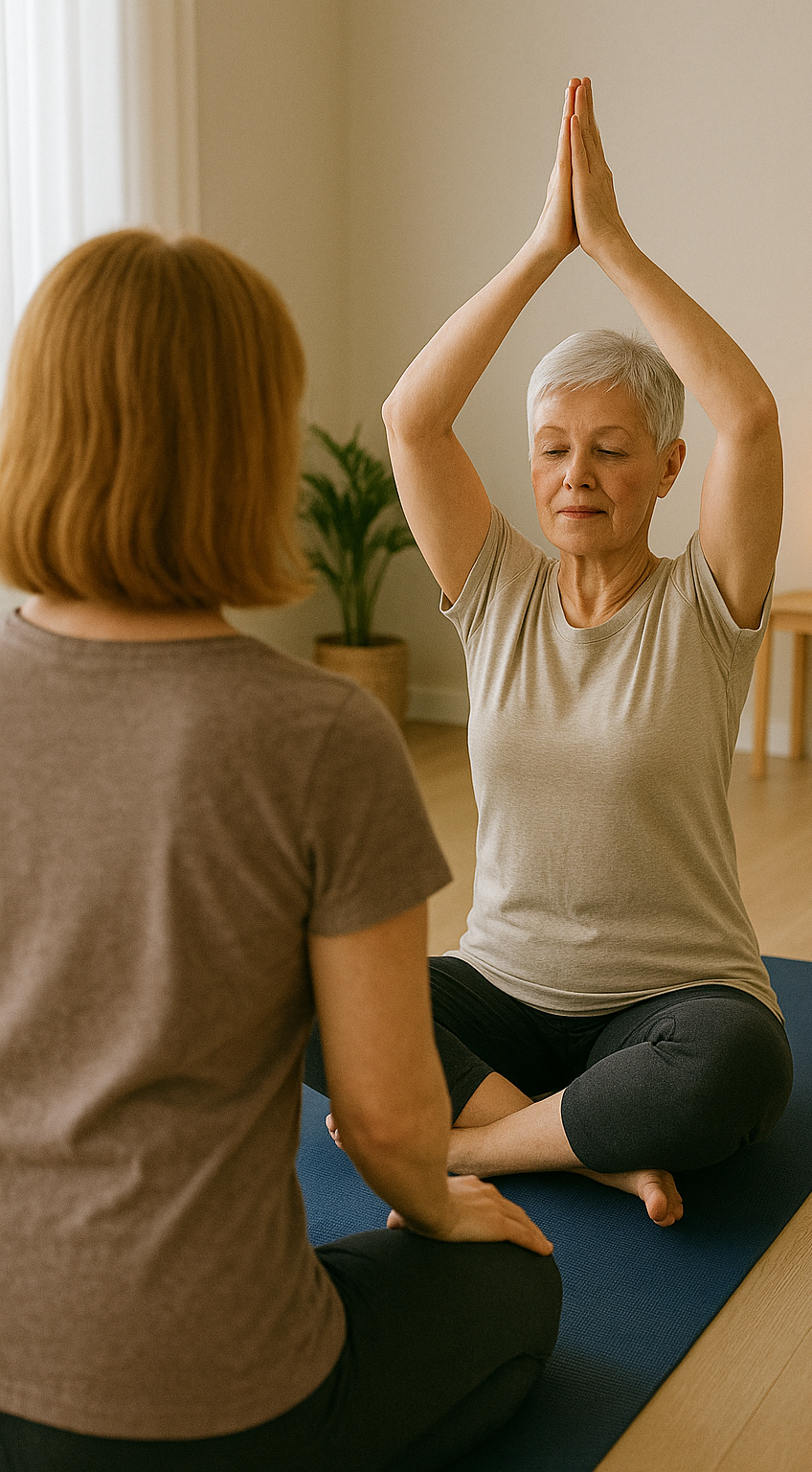Women and instructor sitting on a mat in a yoga studio.