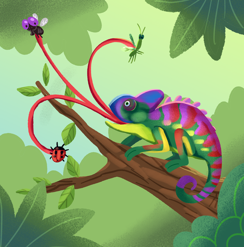 A colorful chameleon with three long tongues