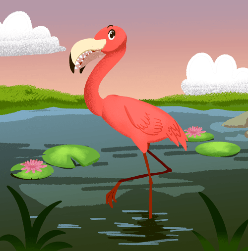A flamingo with large crocodile teeth
