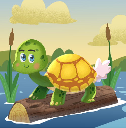 A painted turtle with a fluffy bunny tail