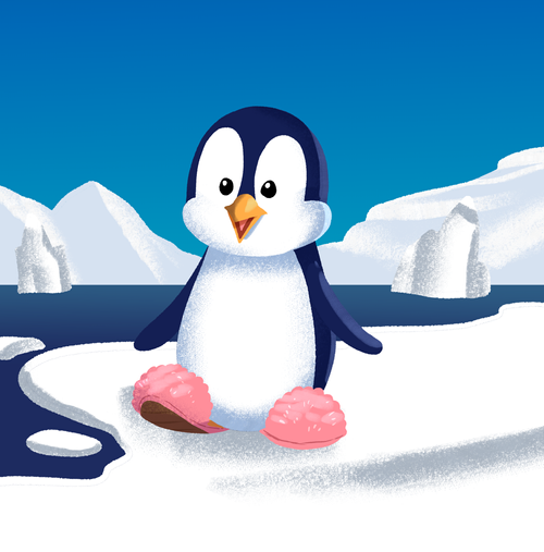 A penguin wearing fluffy pink slippers
