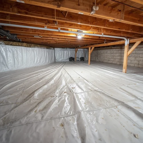 crawl space with bare earth and damp insulation near floor vents