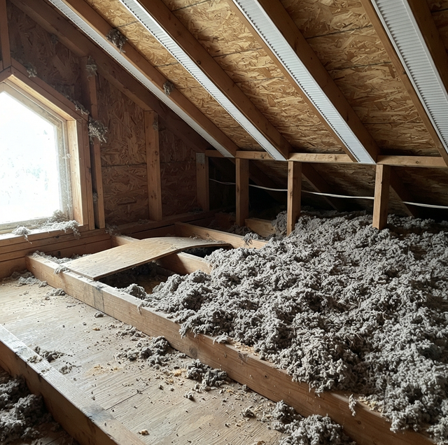 attics with pink fiberglass insulation batts labeled R-30