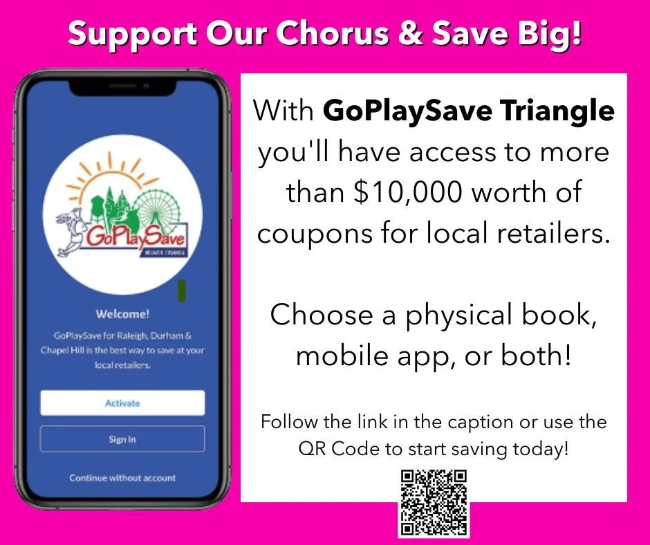 🎶 Support your local chorus AND your local businesses at the same time! 🎶
Grab a GoPlaySave coupon book or app - packed with $10,000+ in savings for Raleigh, Durham & Chapel Hill.
👉 Get yours with the link in our bio.