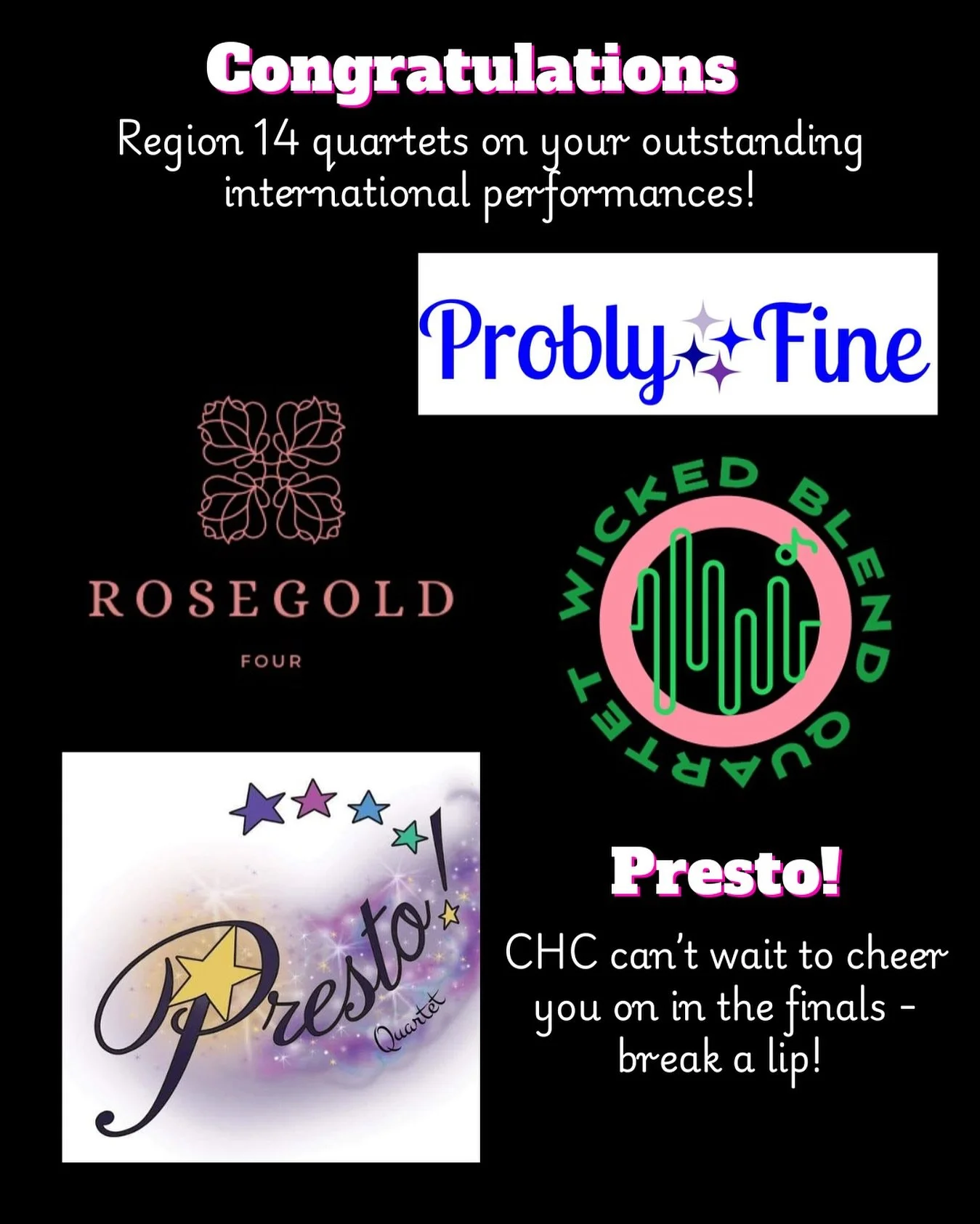 CHC is so proud of our Region 14 quartets! Congratulations to @prestoquartet for singing and ringing your way into the top ten 🎉