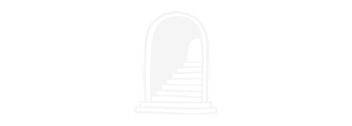 A black and white illustration of a staircase inside an arched doorway.