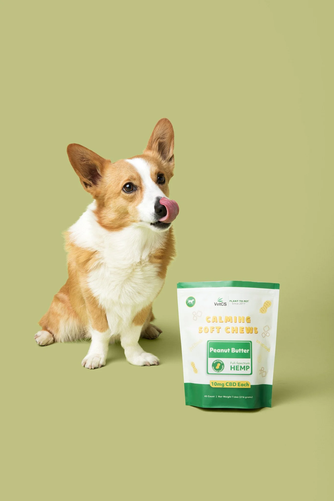 A dog with its tongue out sitting next to a bag of soft chews labeled 'Calming Soft Chews' with peanut butter and hemp ingredients.