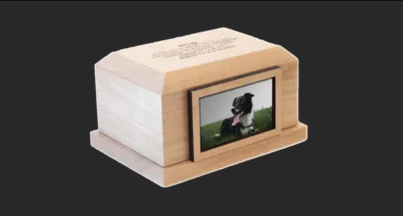 A wooden photo block display with a framed picture of a black and white dog on a grassy field.