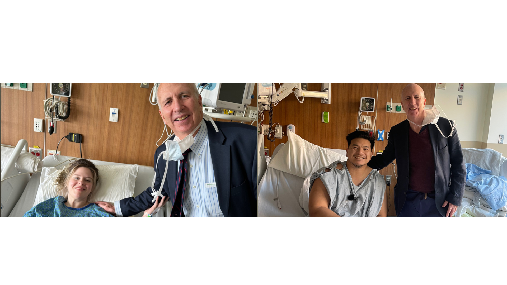Two hospital scenes showing doctors with patients. On the left, a smiling doctor in a suit leans over a woman lying in a hospital bed. On the right, a smiling doctor in a suit stands next to a young man sitting in a hospital bed.