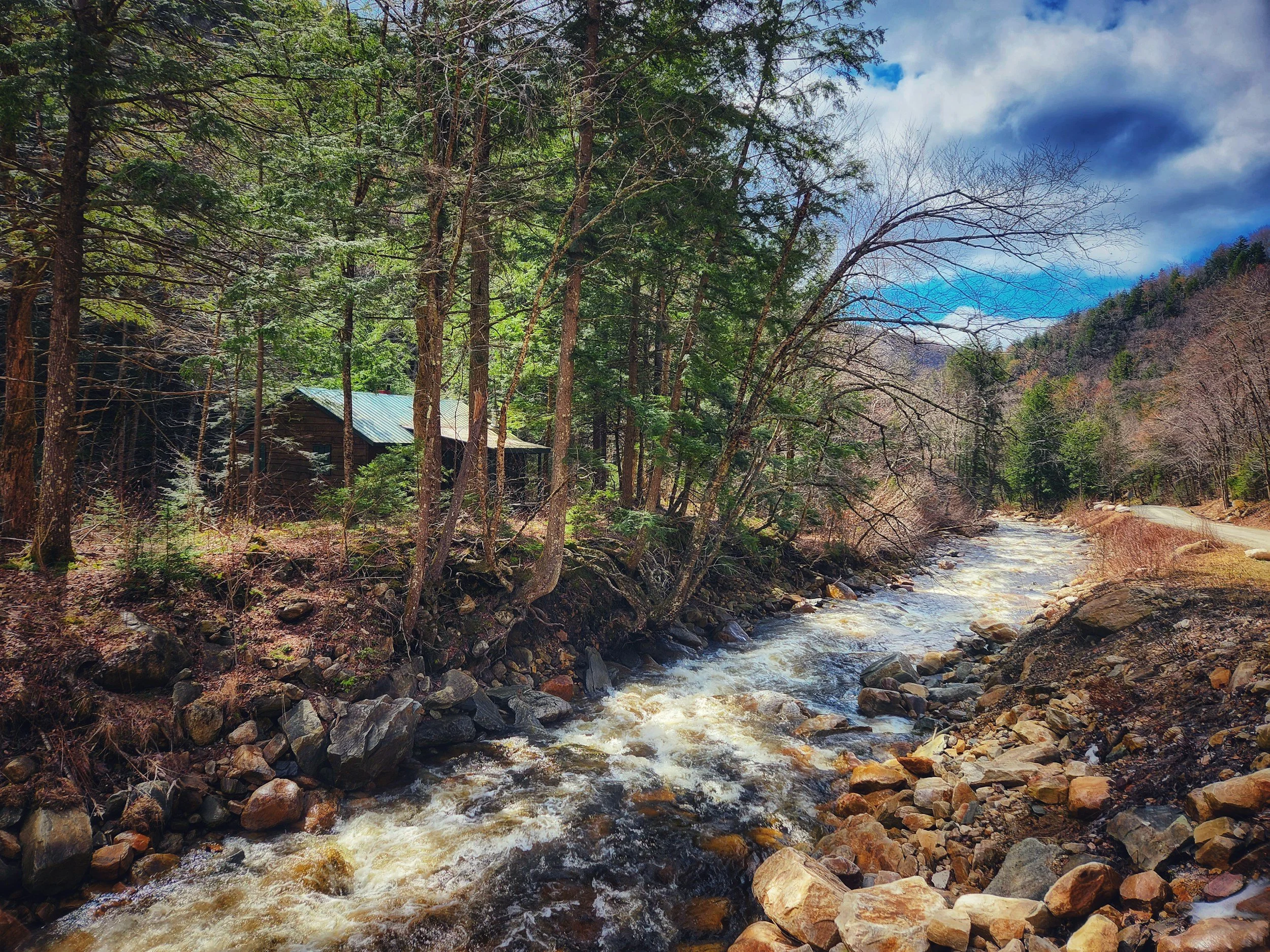 A rocky mountain stream flowing through a forested landscape with evergreen and leafless trees, with a cabin and blue sky with clouds in the background.