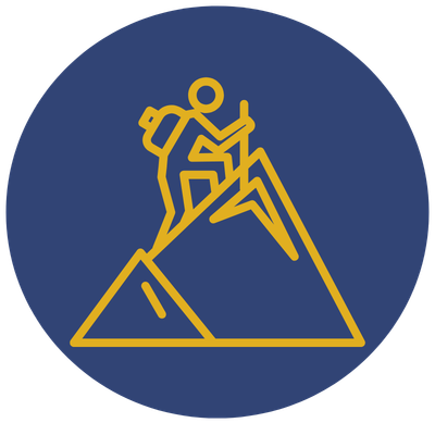Icon of a hiker with a backpack climbing a mountain with a hiking stick, on a navy blue circular background.
