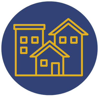 Icon of three yellow houses on a blue circular background.