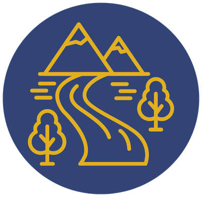 Illustration of mountains, a winding road, trees, and water in a circular emblem.