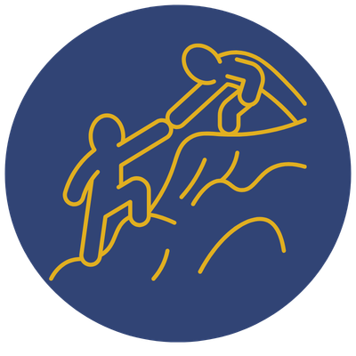 Outline of two people climbing a mountain or rock formation, one helping the other.