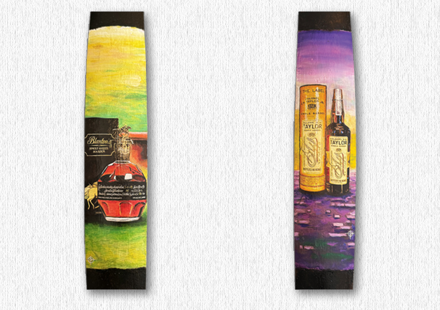 These works were made using acrylic, gouache, and oil paint. They were painted on barrel sections from an actual bourbon barrel. They were commissioned by someone who wanted a unique gift to give to two of his friends.