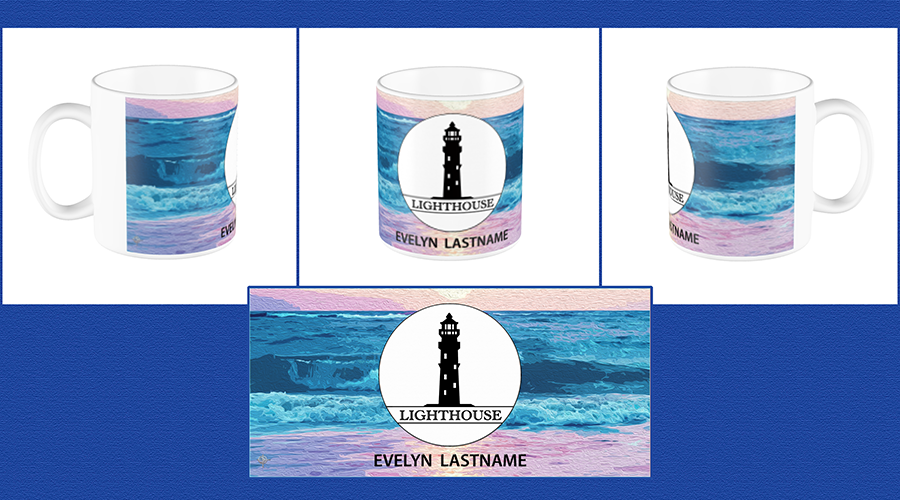 Customized mugs commissioned for volunteers at a bookstore called the Lighthouse.