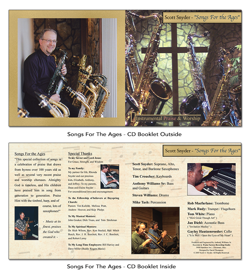 A beautifully designed CD booklet highlighting musician Scott Snyder, and several of his instruments.