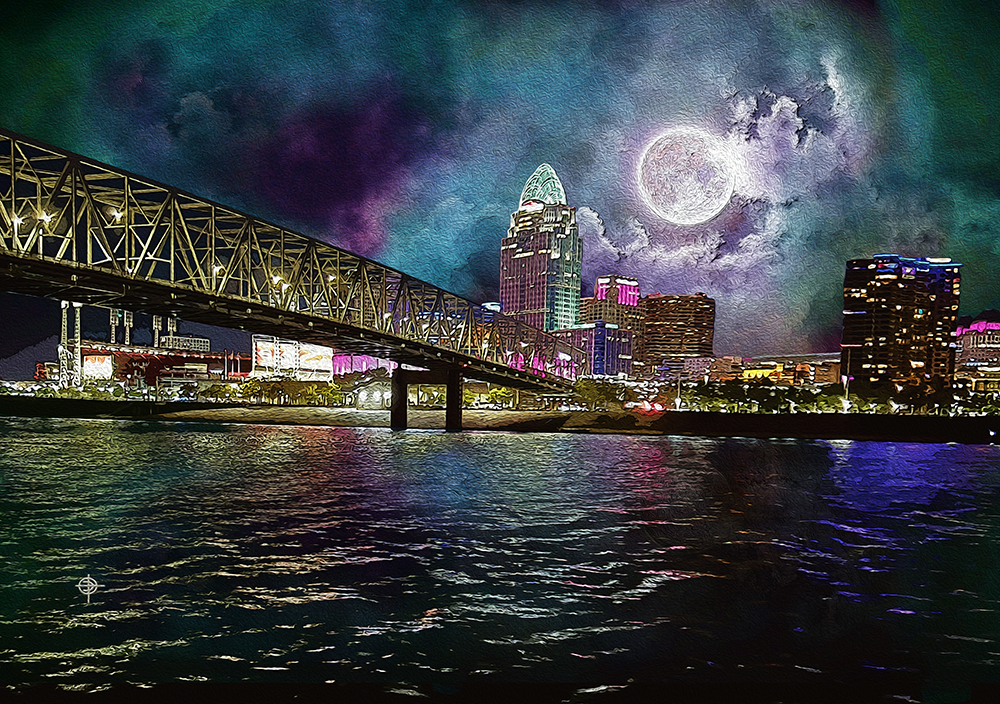 This acrylic & gouache painting is called Cincy Moon River. It was created on stretched canvas, and was commissioned by a co-worker.