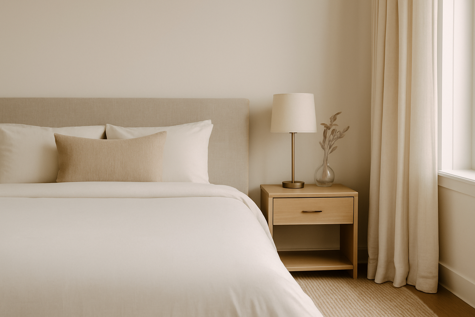 A neatly made bed with white linens and beige throw pillows in a minimalist bedroom. Beside the bed is a light wooden nightstand with a drawer, holding a beige table lamp and a glass vase with branches. Cream-colored curtains partially cover a window to the right.