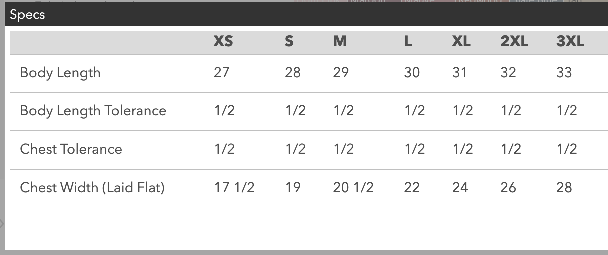 T-shirt Sizing and Details