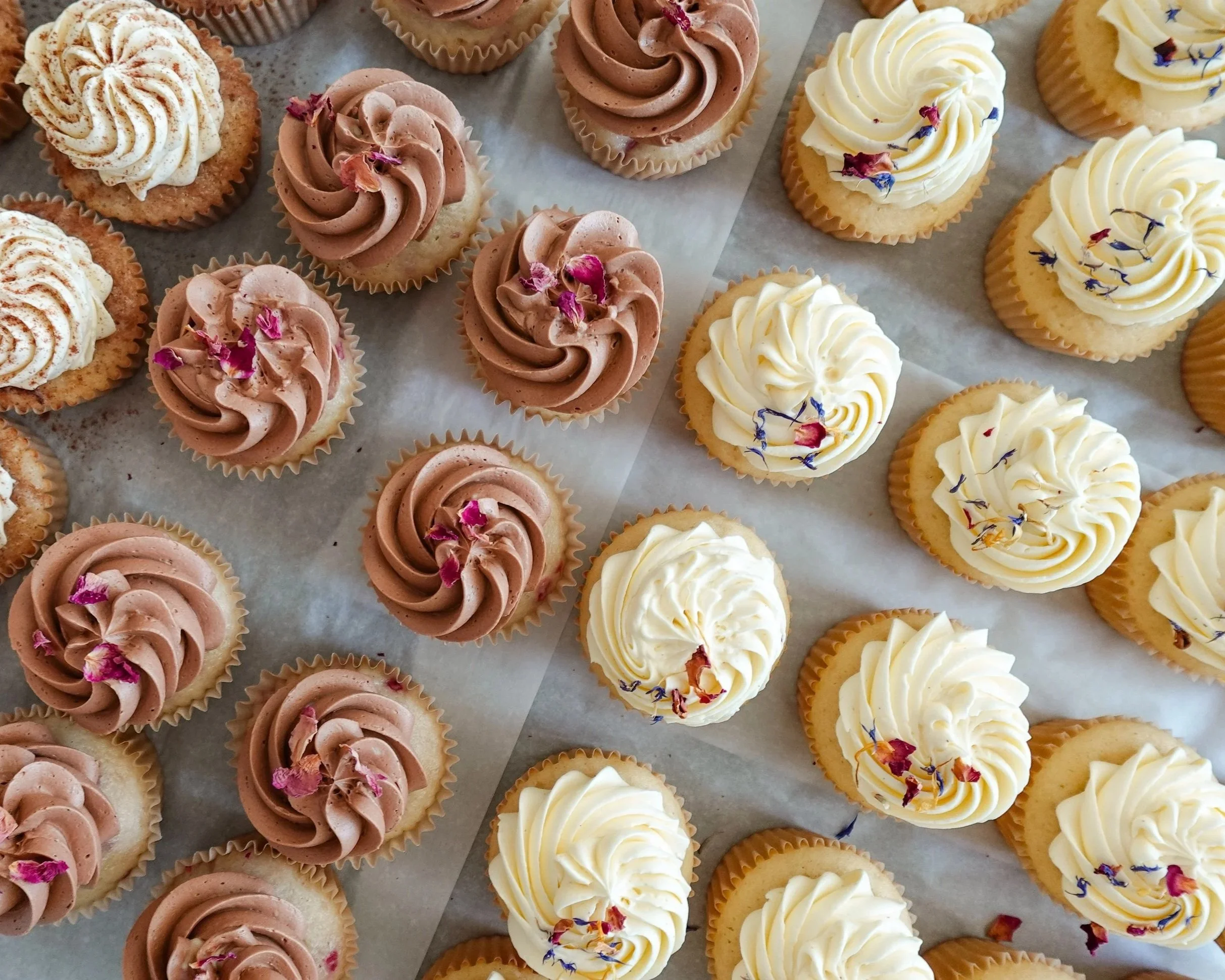 Left to right: Cinnamon Brown Sugar, Fresh Raspberry with Milk Chocolate buttercream,
Vanilla bean