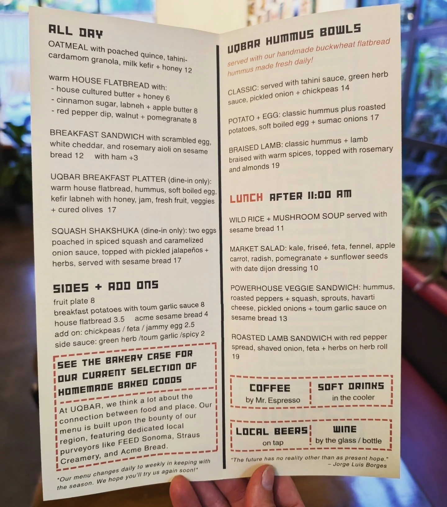 SELECTION

check out today's menu! we're proud to feature organic and locally-grown produce thanks to FEED Sonoma and our other fantastic suppliers!

new this week: our shakshuka got an autumn update with Kibo Farm winter squash, and we're loving Sev