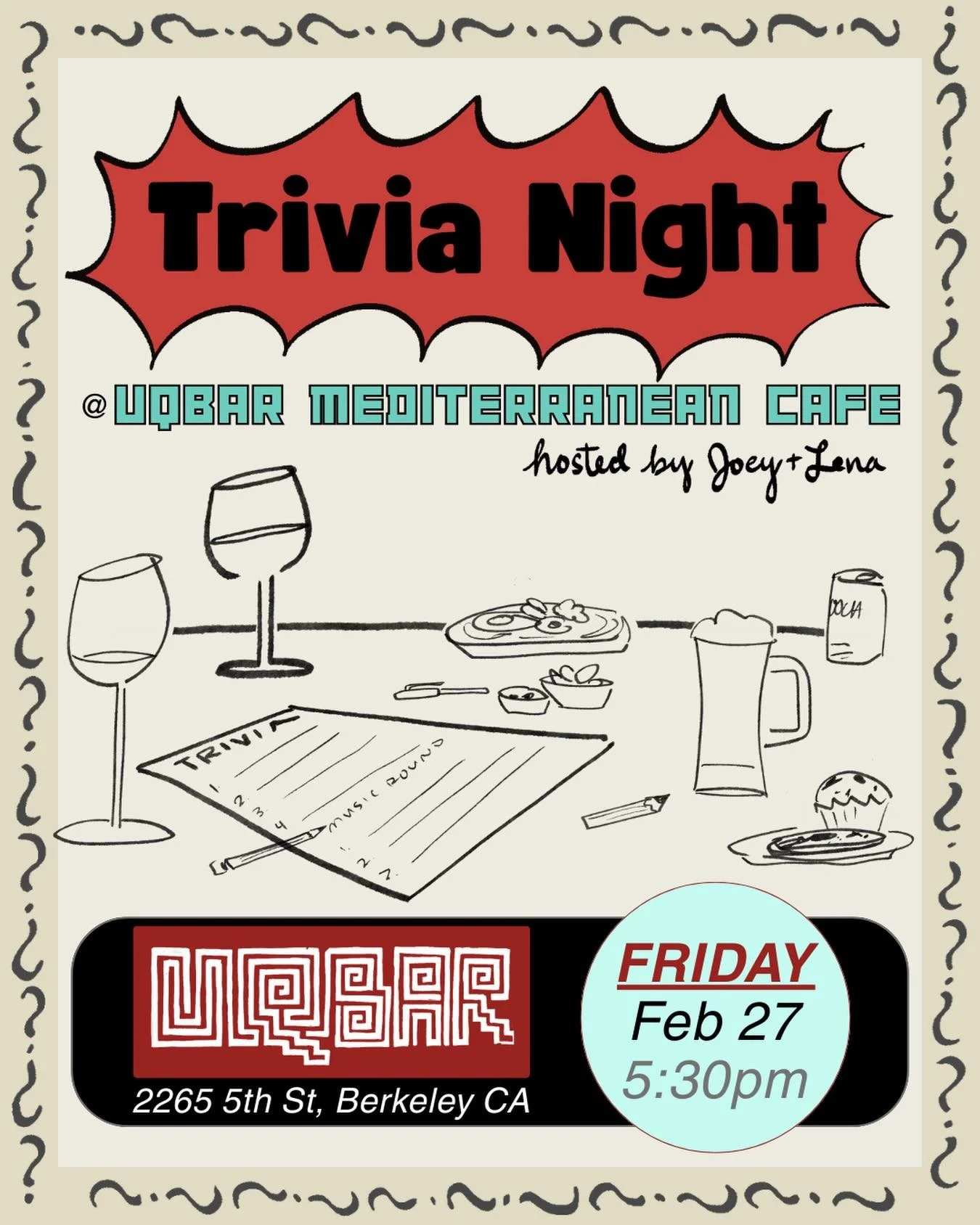 TRIVIA NIGHT 🙋⁇
FRIDAY / February 27 / 5:30pm

We are SO EXCITED for our next trivia night, just under three weeks away!

If you&rsquo;ve been to @lenasibony and @jojoflegelmish&rsquo;s trivia nights before, you know they&rsquo;re full of fun, laugh