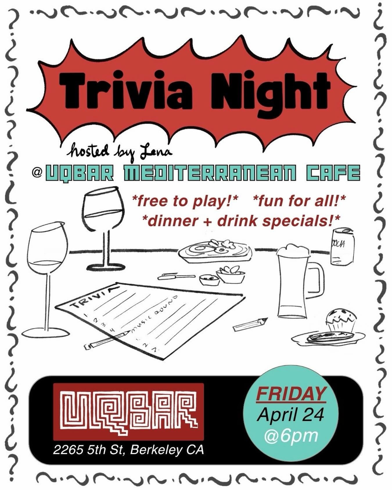 INVITATION

Trivia night is back this Friday, 4/24! Assemble your team and join @lenasibony at UQBAR for the fun. Trivia starts at 6! Free to play, dinner and drinks for purchase. 🍻