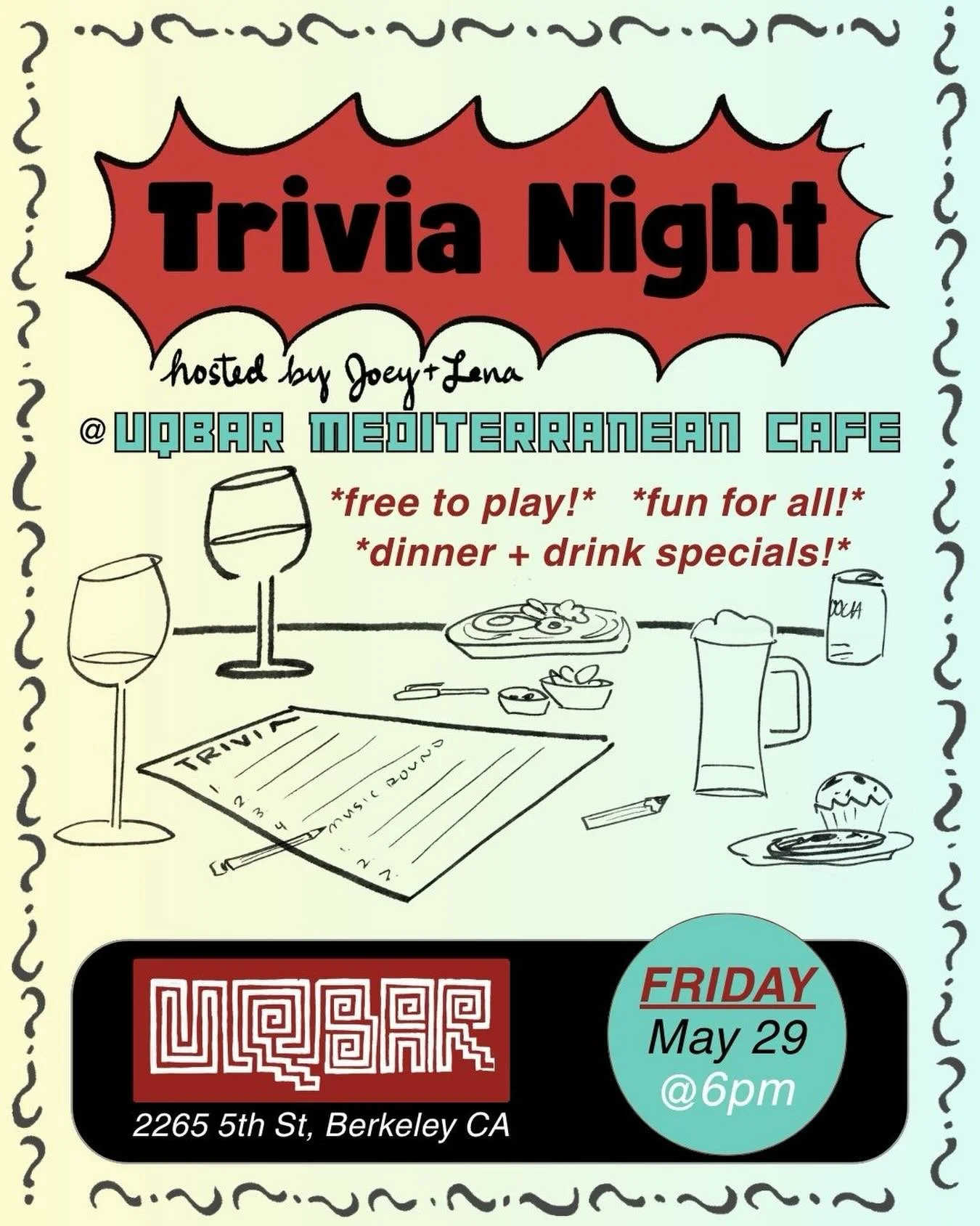 INVITATION 

Trivia night is back! Join us next Friday 5/29 for food, drinks, and friendly competition! Hosted by the inimitable @jojoflegelmish and @lenasibony &mdash; we can&rsquo;t wait to see you! 

Free to play, open to all. Dinner and drinks ar