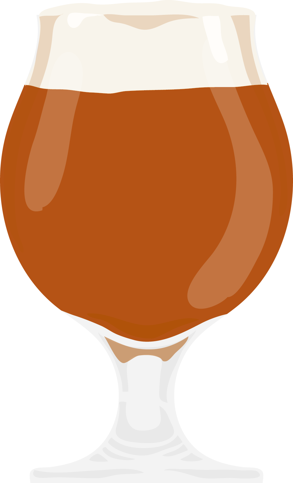 Illustration of a glass of brown beer with a frothy white head.