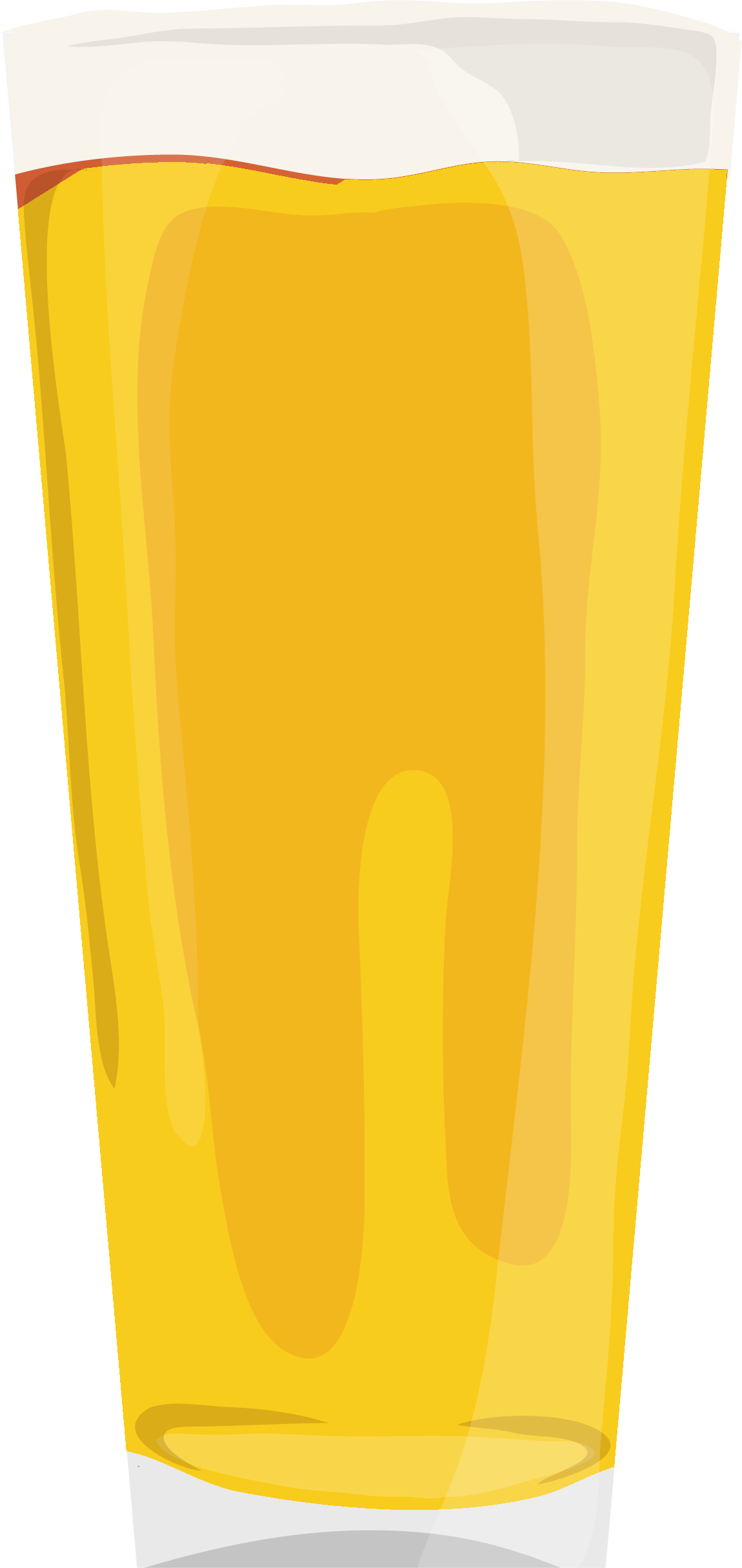 A close-up illustration of a tall glass of beer with a foamy head, viewed from the side.