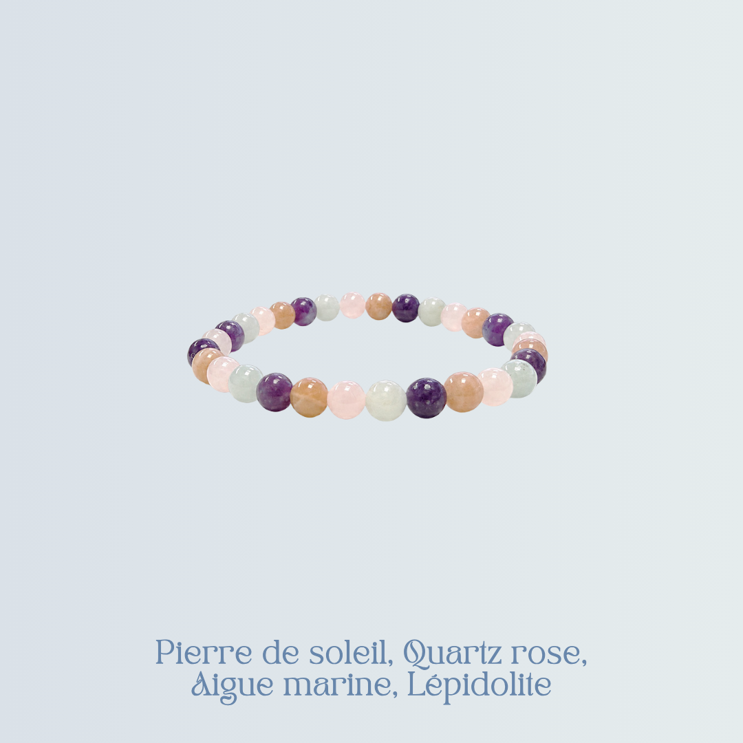 Bracelet Pierre de soleil, Quartz rose, Aigue marine, Lépidolite.png