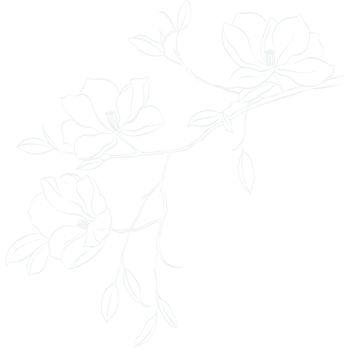 Contre un fond noir, dessin blanc d'une branche de fleurs avec feuilles.