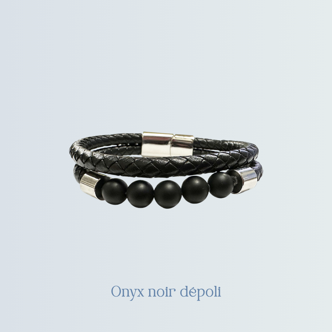 Bracelet Homme 2 rangs cuir + Onyx noir dépoli.png