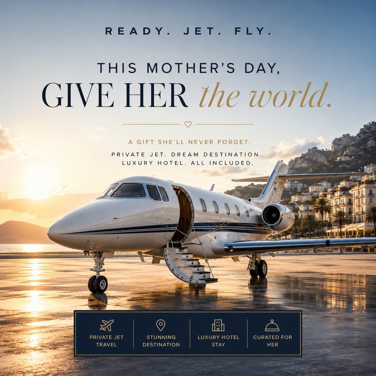 This Mother&rsquo;s Day, give her more than a gift&mdash;give her an experience she&rsquo;ll never forget.⁣
⁣
Our exclusive package includes private jet travel to a stunning destination and a luxury hotel stay, curated for the queen who deserves it a