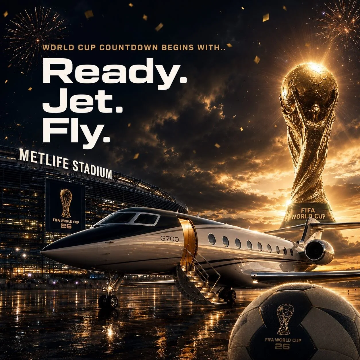 World Cup is right around the corner. how are you getting here?
Fly private with Ready Jet Fly from anywhere in the world straight into New Jersey for match day arrivals, no crowds, no delays, just smooth travel built around your schedule. Because ki