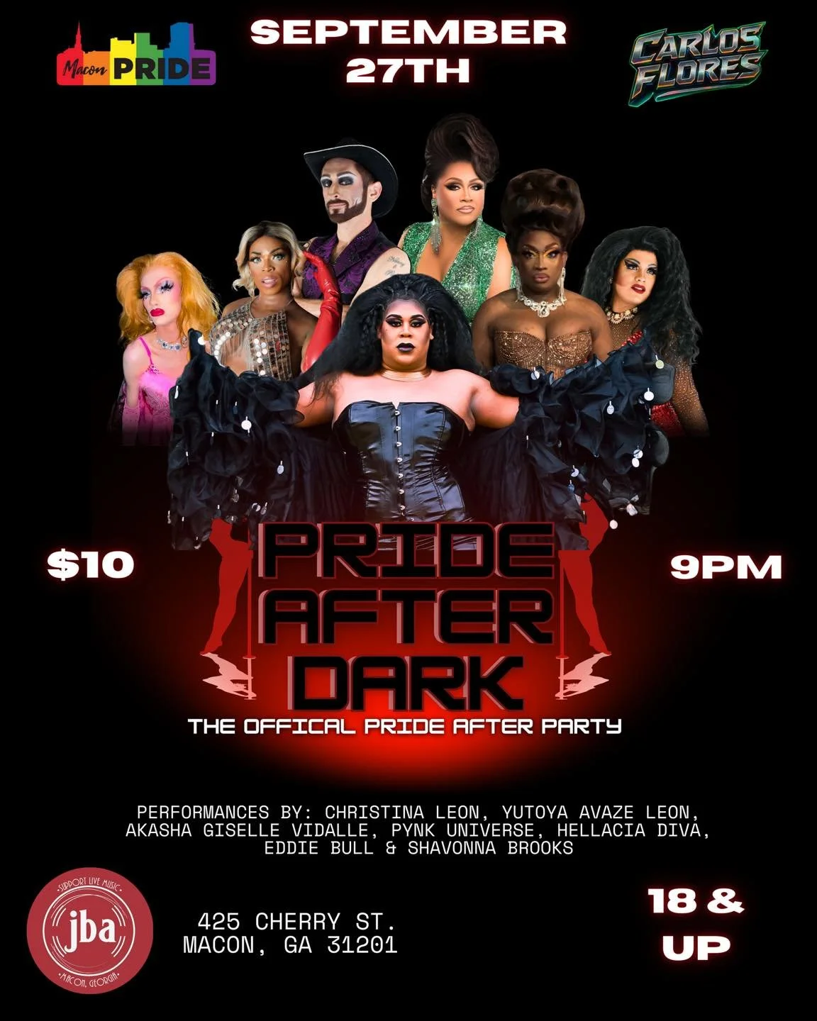 🌈 PRIDE AFTER DARK 🌈
🔥 The Official Macon Pride Afterparty 🔥
When the sun goes down, the real celebration begins! Join us at JBA for Pride After Dark &mdash; a fierce night of unapologetic QUEER JOY. 💃🏽✨
📍 JBA (425 Cherry St, Macon)
🕘 9:00 PM