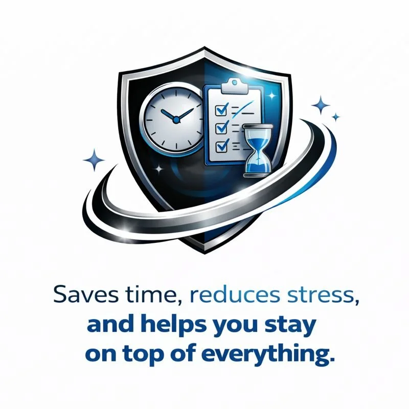 A shield with a clock, checklist, and hourglass symbols, surrounded by swirling lines and sparkles, with text below that reads: "Saves time, reduces stress, and helps you stay on top of everything."