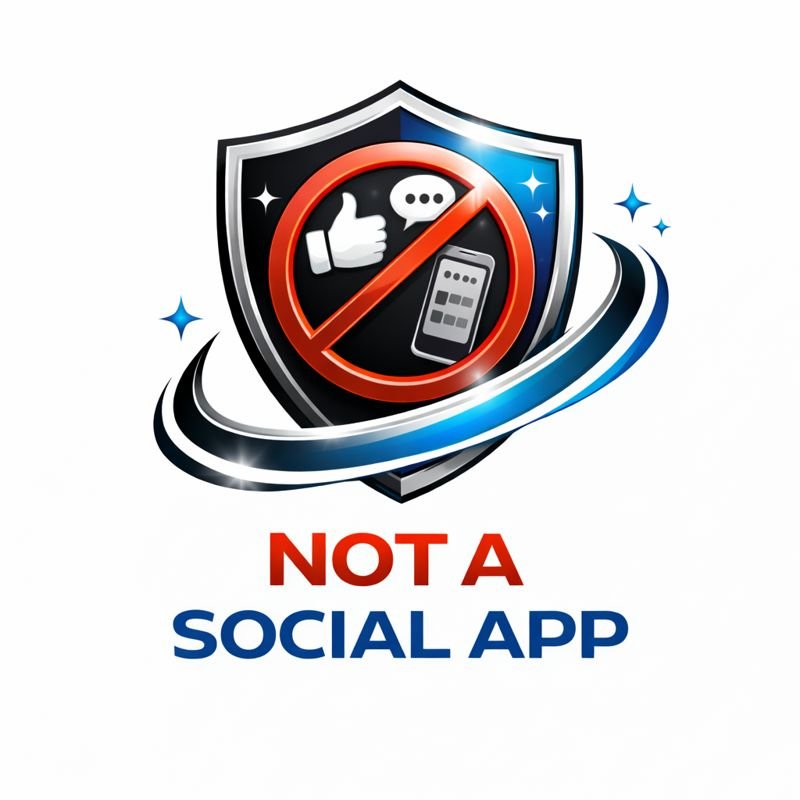 A logo with a shield, a red prohibition sign, a thumbs-up, speech bubble, and a smartphone, with text reading 'Not a Social App' in red and blue.
